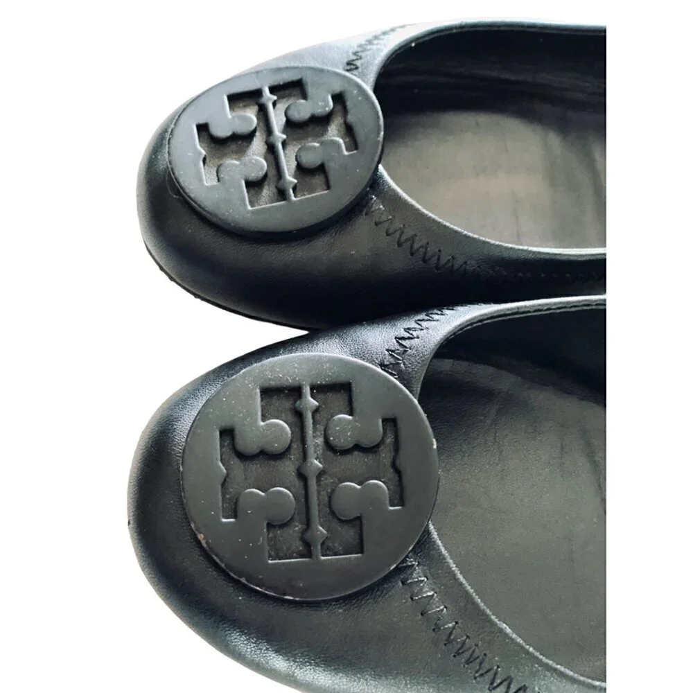 Tory Burch Minnie Travel Ballet Flats 6.5 Black Napa Leather Logo Shoes‎